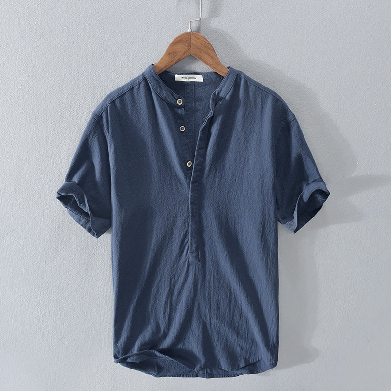 Mens Shirt Short Sleeve with Mandarin Collar and Button Placket