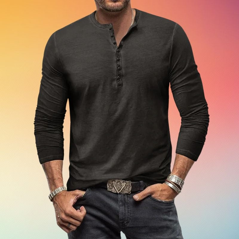 Mens Henley Shirt Long Sleeve Slim Fit with Button Placket