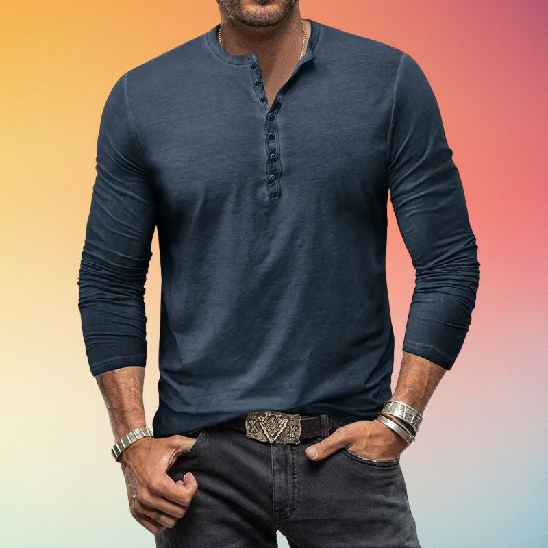 Mens Henley Shirt Long Sleeve Slim Fit with Button Placket