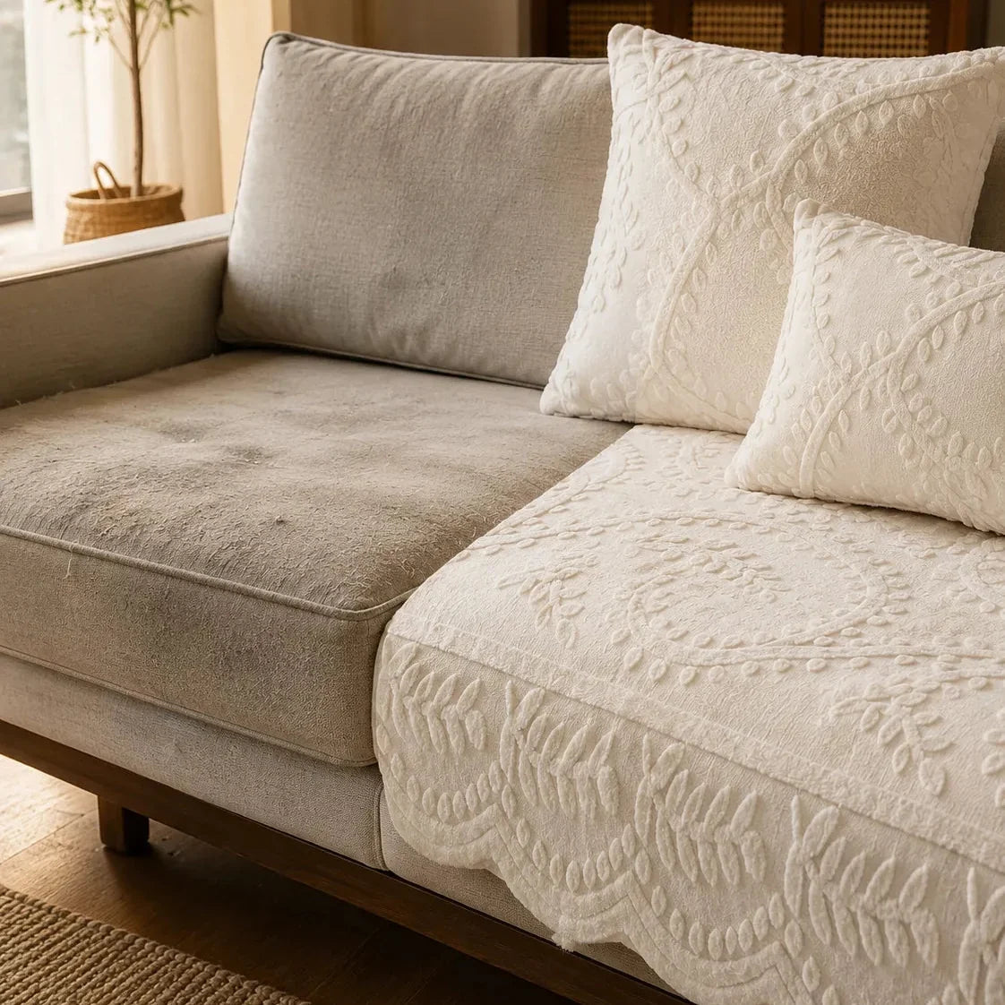 Plush Botanical Texture Couch Cover with Non-Slip Backing