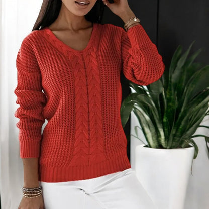 Women's V-Neck Sweater with Cable Knit Texture