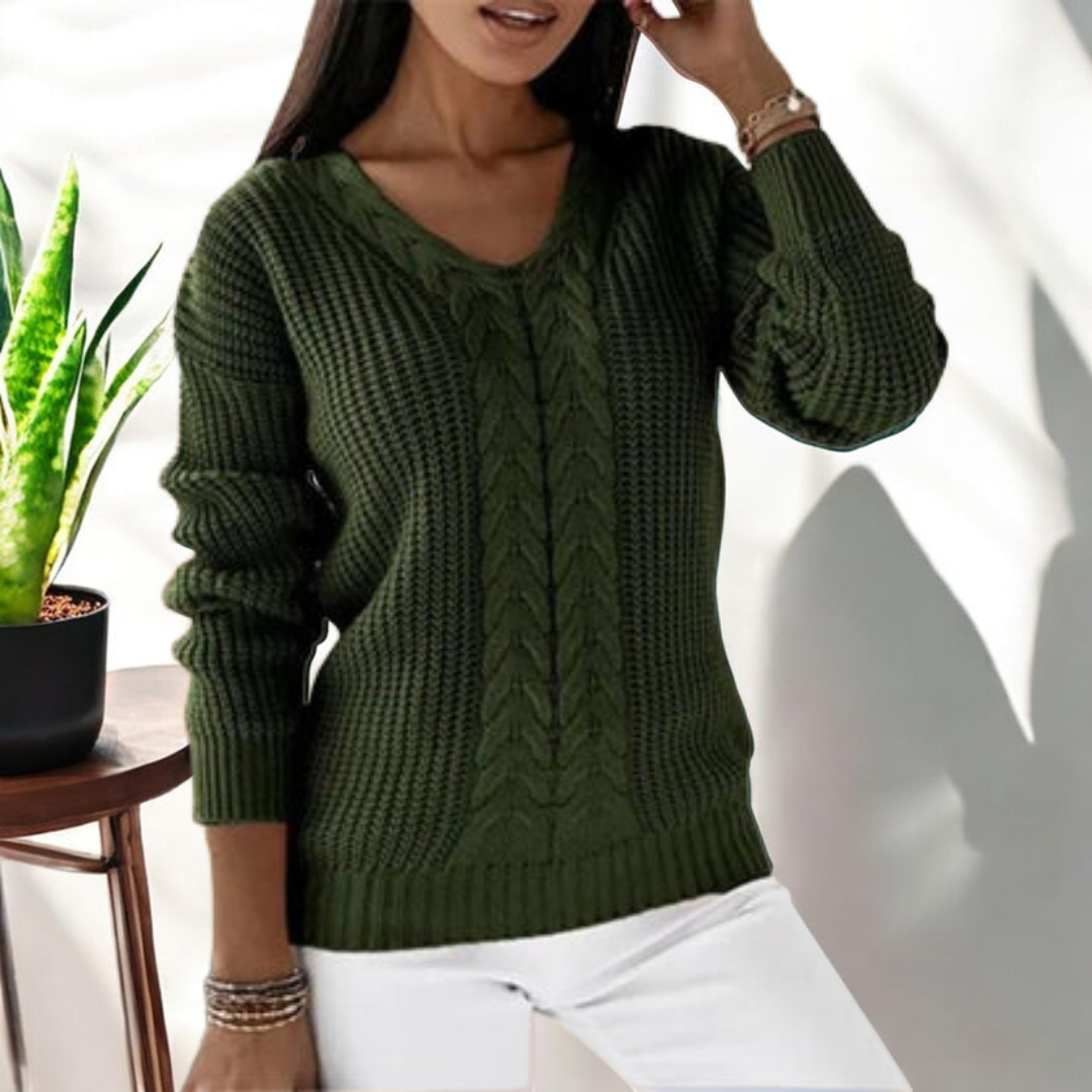 Women's V-Neck Sweater with Cable Knit Texture