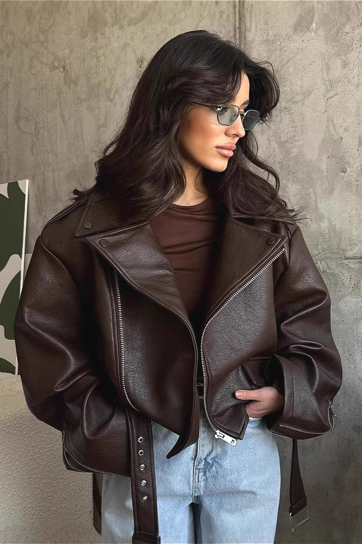 Women's Oversized Jacket - Brown Zip-Up Coat with Wide Lapels
