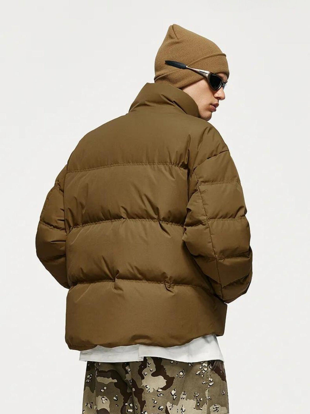 Men's Cropped Puffer Jacket - Padded High-Neck Zip Jacket