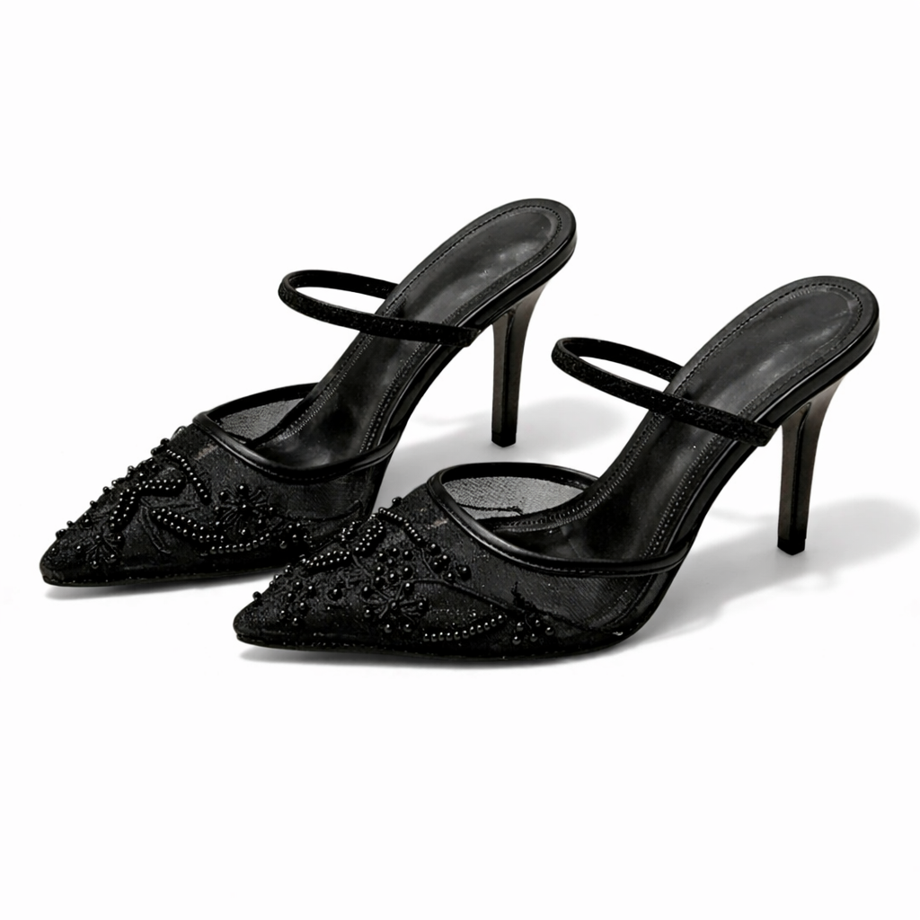 Women's Embroidered Mesh Mule Heels with Floral Detail