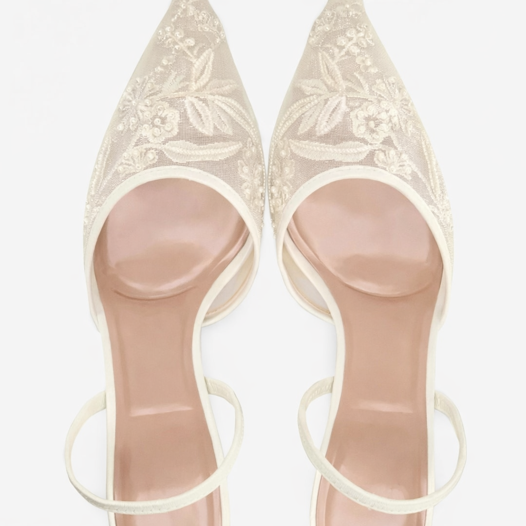 Women's Embroidered Mesh Mule Heels with Floral Detail