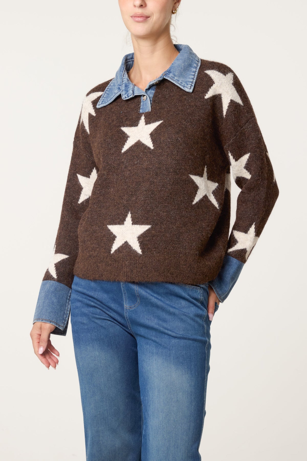 Women's Denim Collar Star Knit Jumper - Collared Sweater