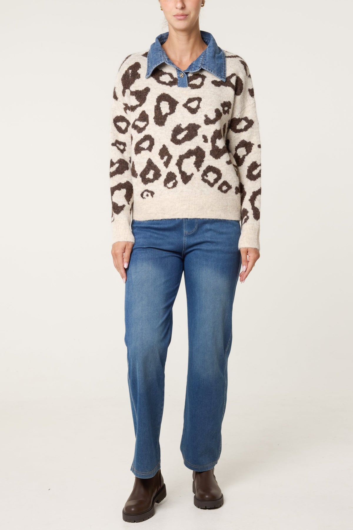 Women's Animal Print Knit Jumper with Denim Collar