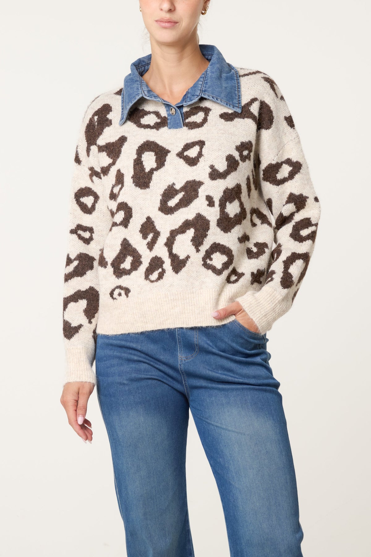 Women's Animal Print Knit Jumper with Denim Collar