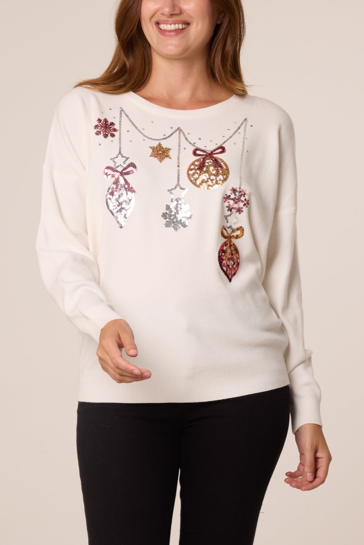 Women's Christmas Jumper with Sequin Bauble and Snowflake Detail