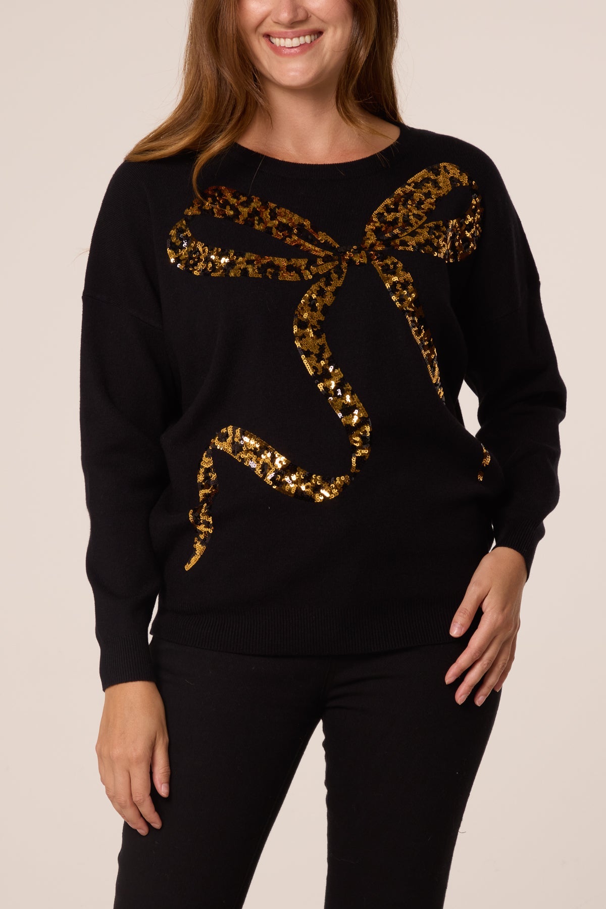 Women's Leopard Print Sequin Jumper with Bow Detail