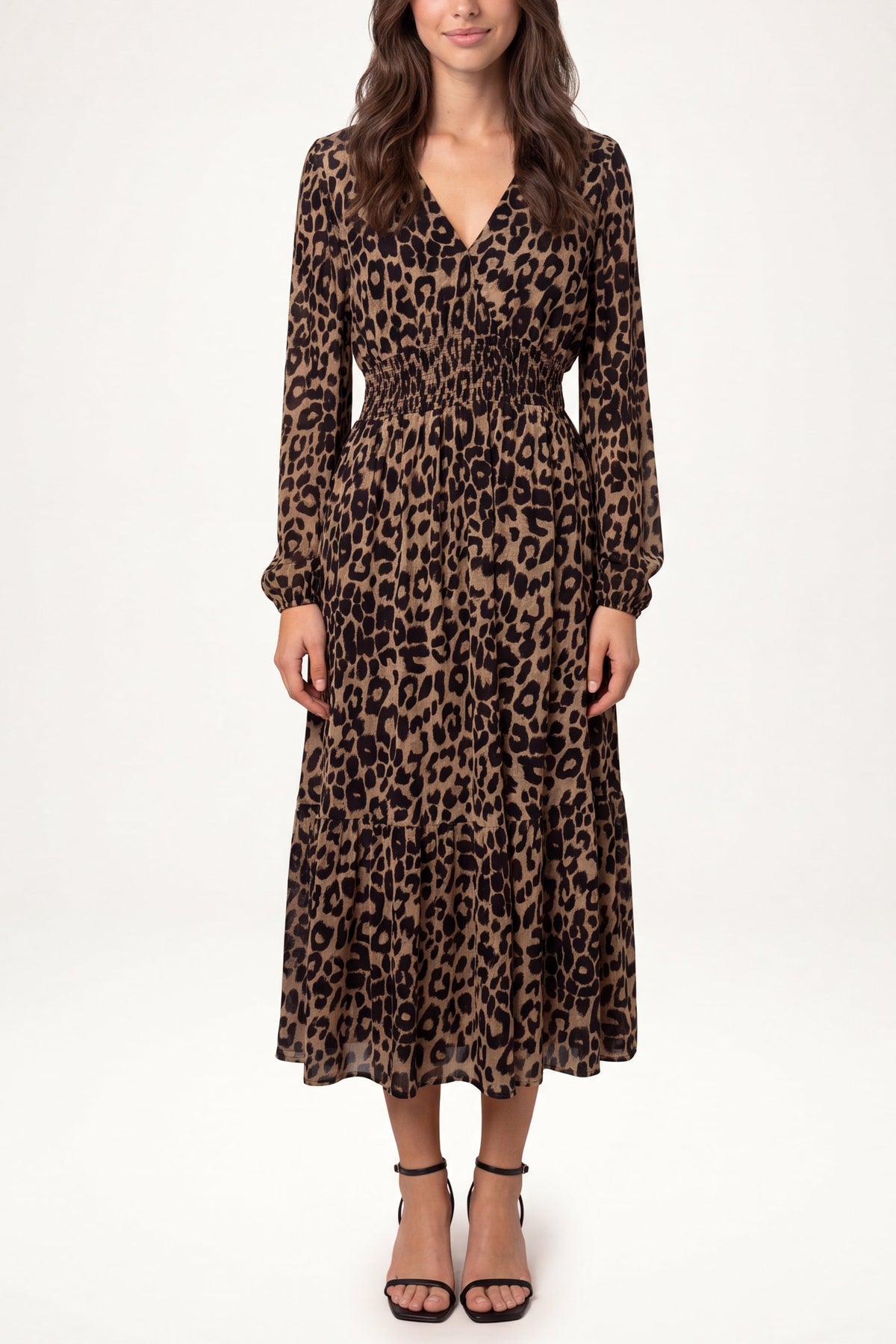 Women's Animal Print Midi Dress with Shirred V-Neck and Long Sleeves