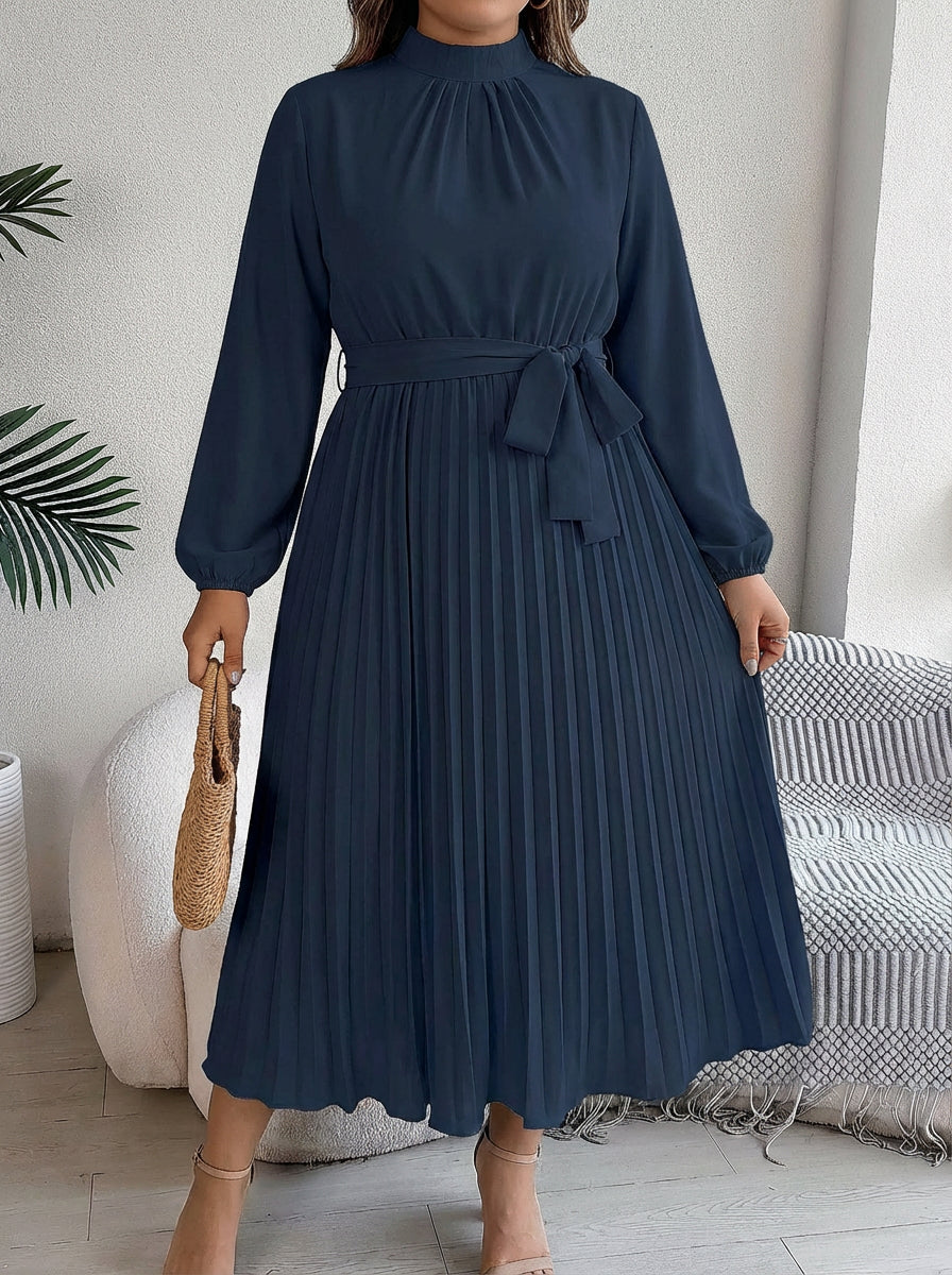 Maxi Dress for Women with Pleated Skirt and Waist Belt