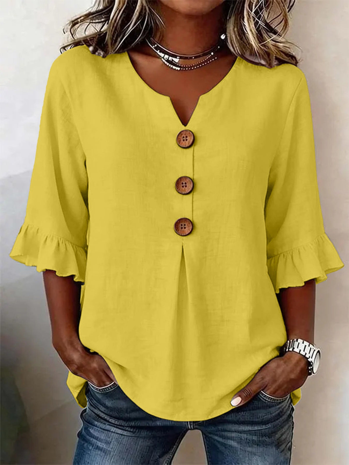 Women's Ruffle Sleeve Blouse with Button-Front Detail