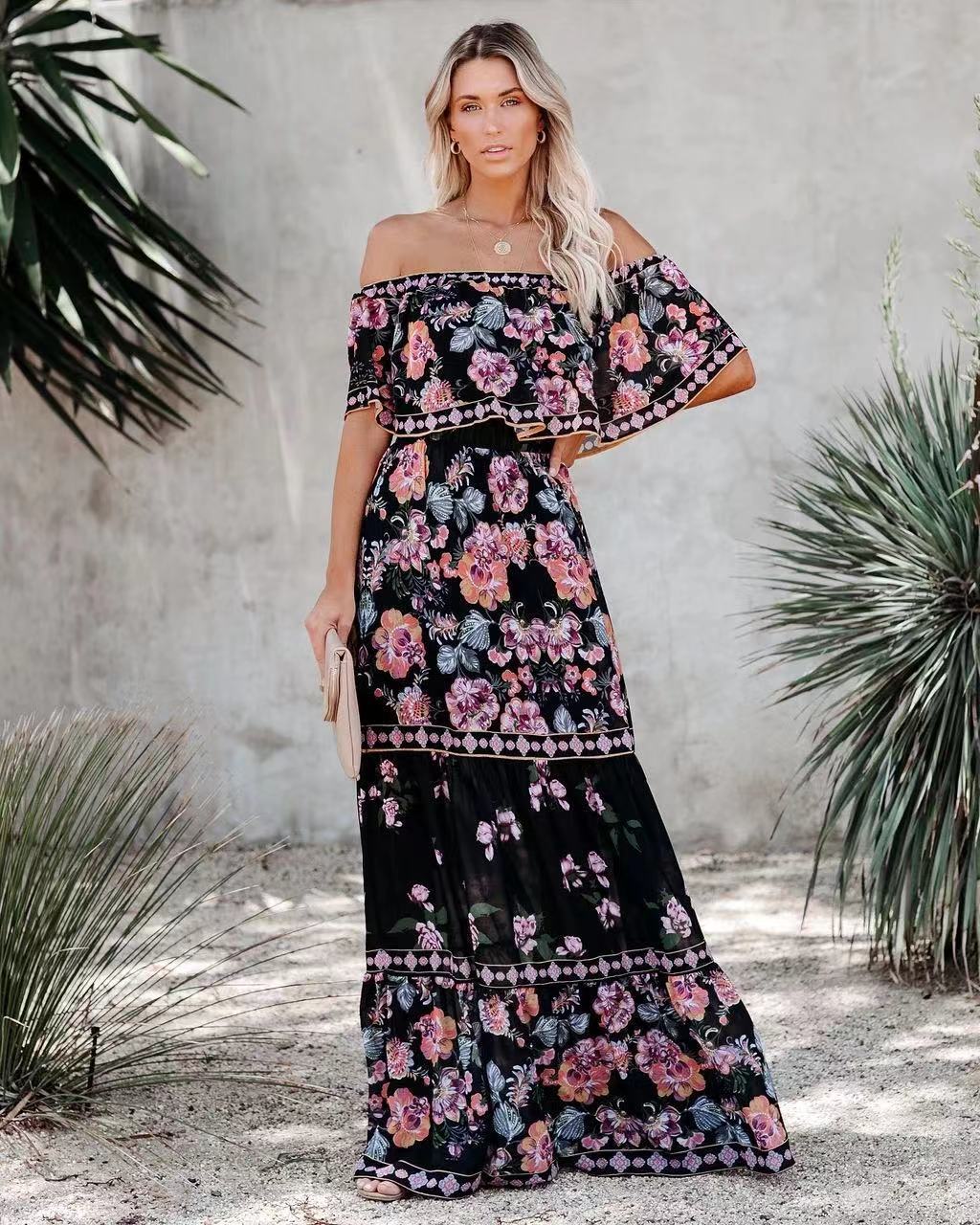 Herma | Dames Maxi Jurk met Off-Shoulder Ruffle & Bloemenprint – Gelaagde Rok & Tailleceintuur voor Zomerse Elegantie