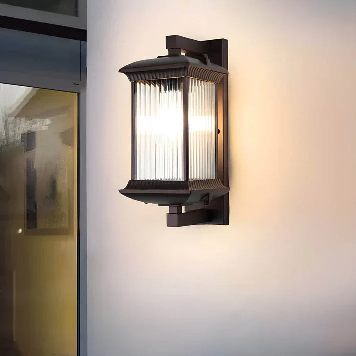 Outdoor Wall Lantern Light with Fluted Glass, Coffee-Brown Finish