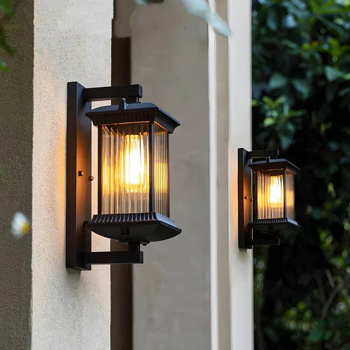 Outdoor Wall Lantern Light with Fluted Glass, Coffee-Brown Finish