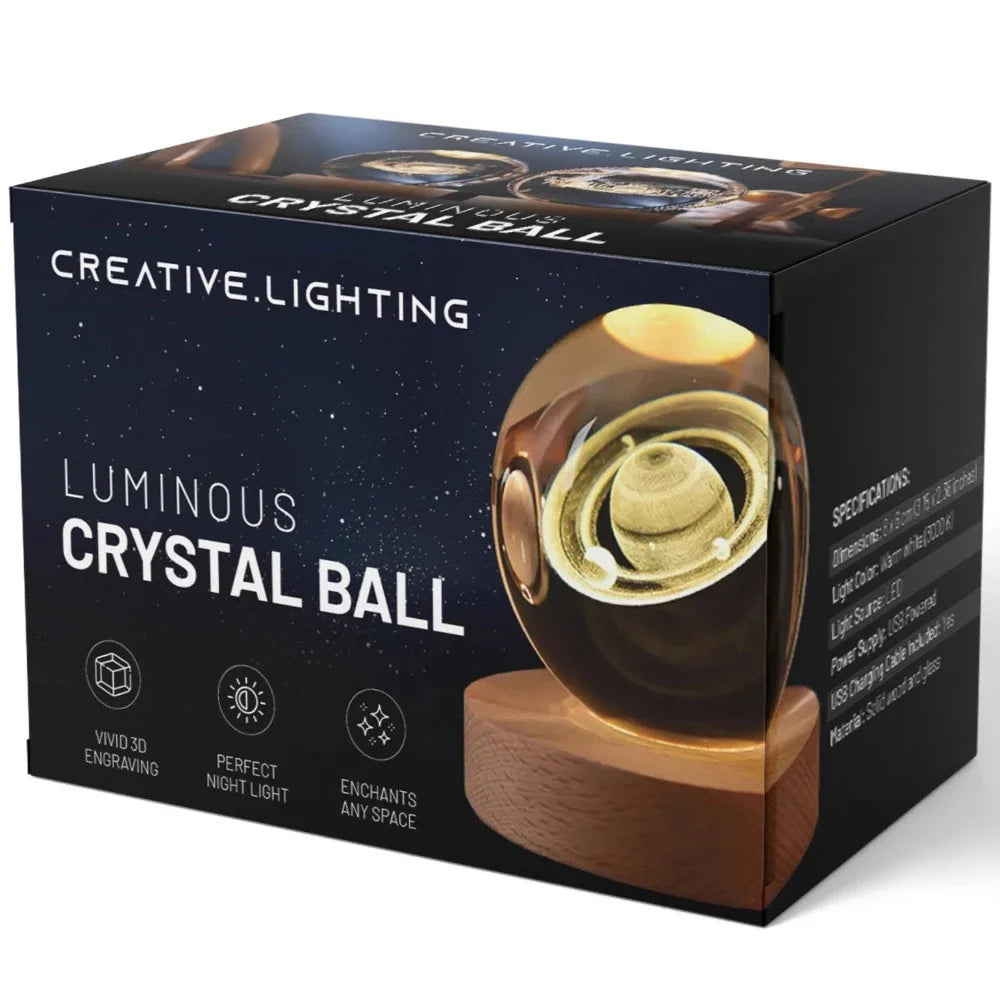 3D Engraved Crystal Ball Night Light - Wooden Base LED Lamp