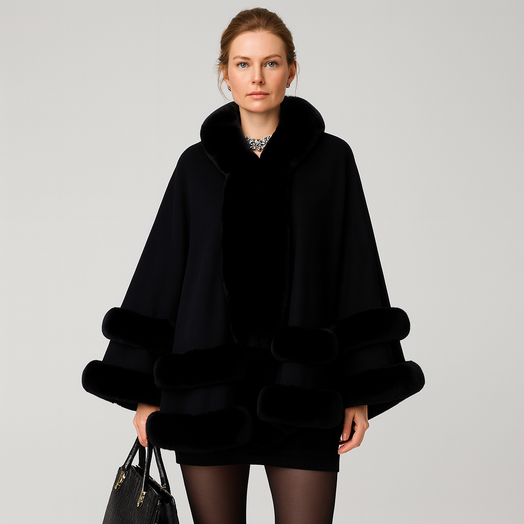 Women's Cape Coat with Faux Fur Trim and Shawl Collar