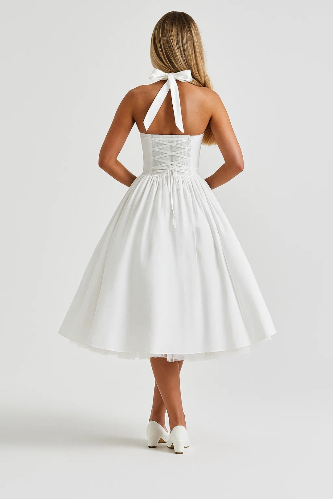 Women's Halter Midi Dress - Backless Fitted Bodice Full Skirt
