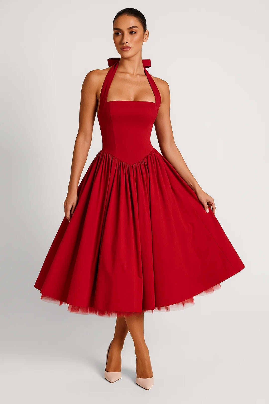 Women's Halter Midi Dress - Backless Fitted Bodice Full Skirt