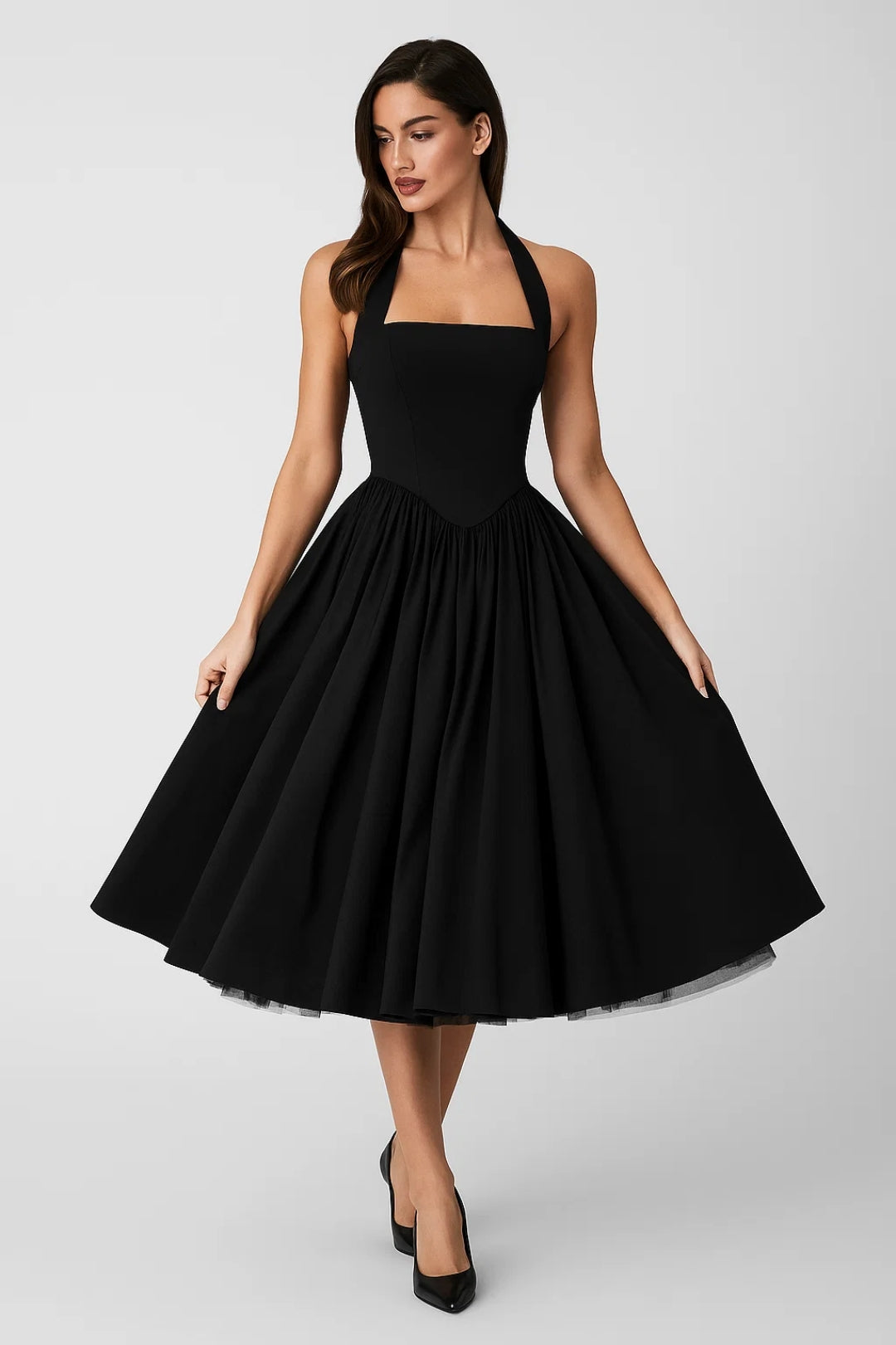 Women's Halter Midi Dress - Backless Fitted Bodice Full Skirt