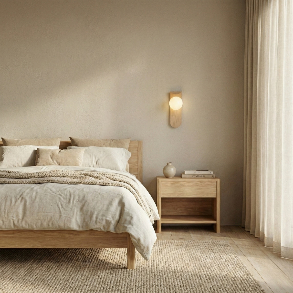 round nordic wood wall light