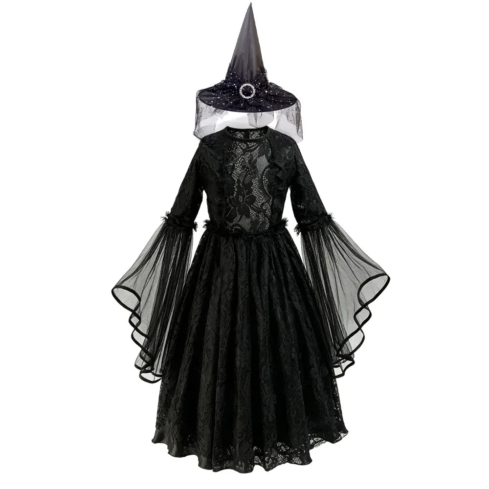 Black gothic lace dress with matching witch hat