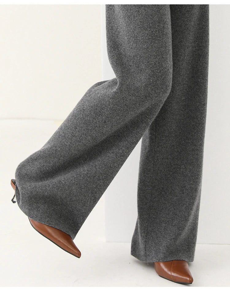 Women's Merino Wool Pants, High-Waisted Wide-Leg Knit