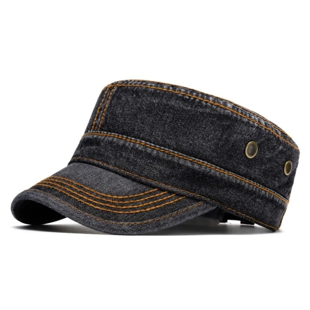 Unisex Denim Cadet Cap – Flat-Top Military Style Hat