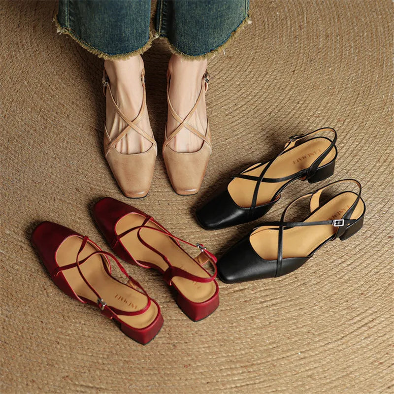 Women's Leather Block Heels with Closed Toe and Ankle Strap