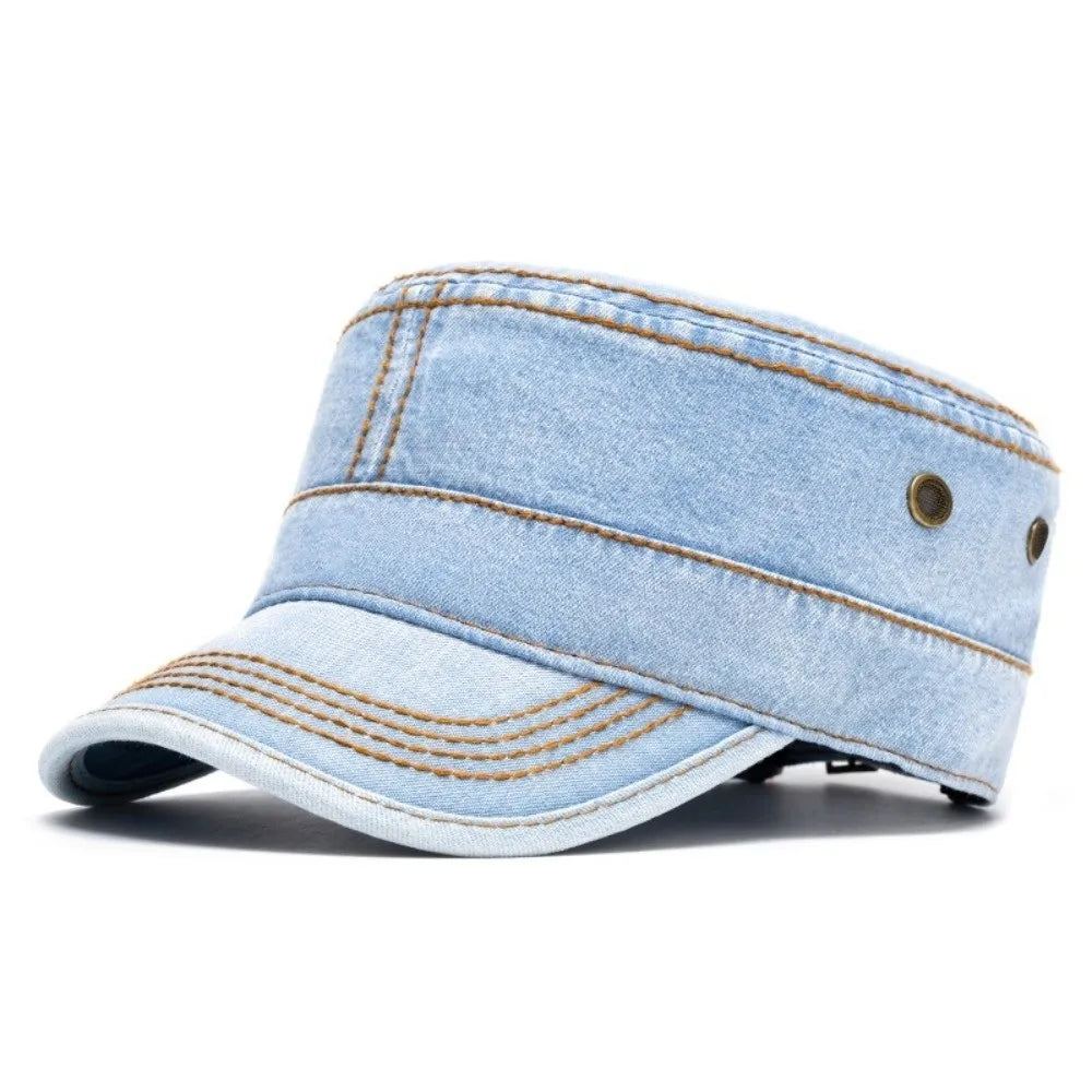Unisex Denim Cadet Cap – Flat-Top Military Style Hat