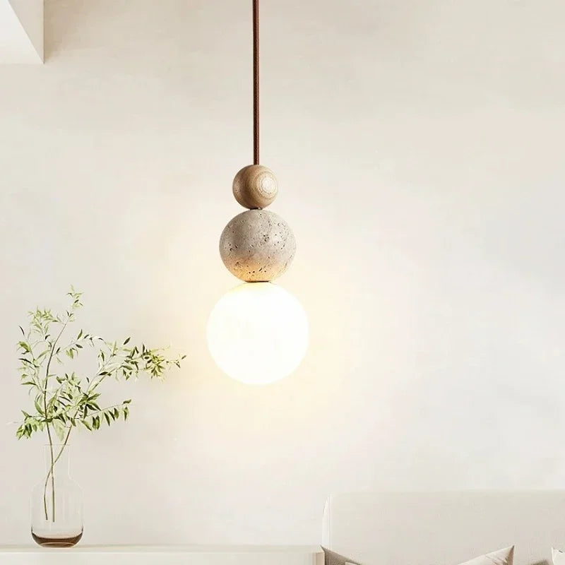 Spherical Pendant Lamp with Travertine and Wood Details