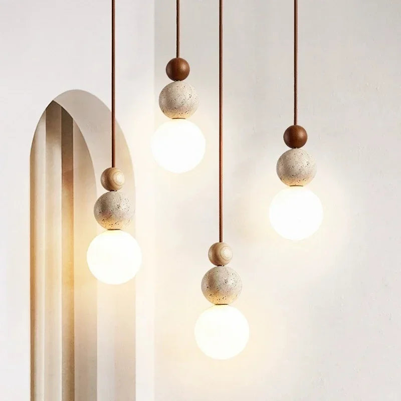 Spherical Pendant Lamp with Travertine and Wood Details