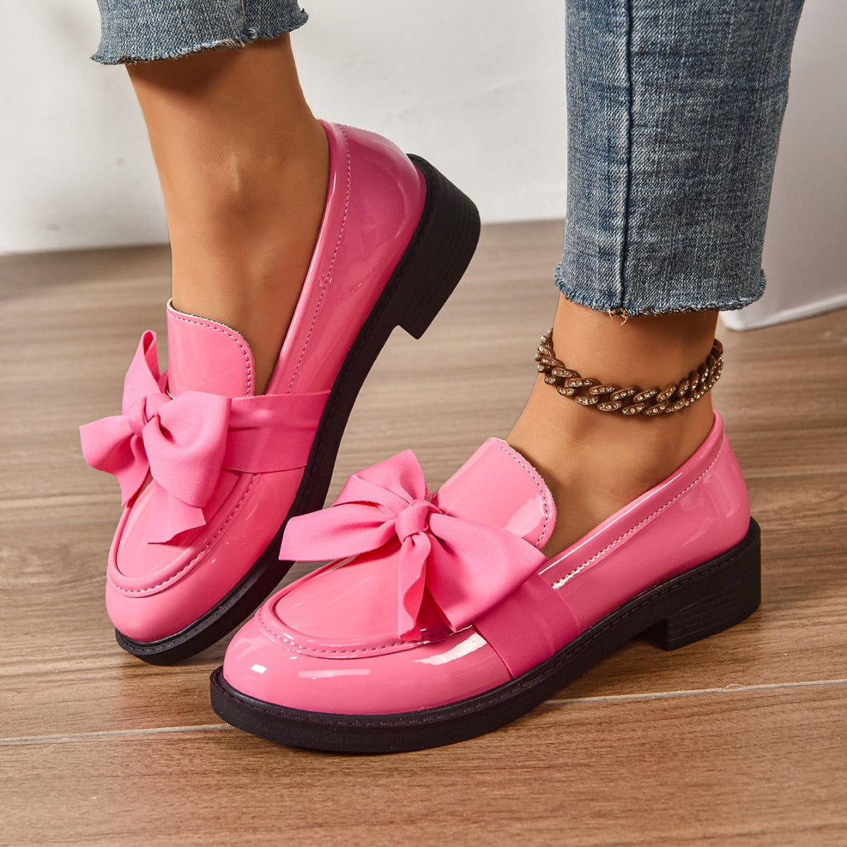 Women's Bow Loafers – Glossy Leather Platform Slip-Ons