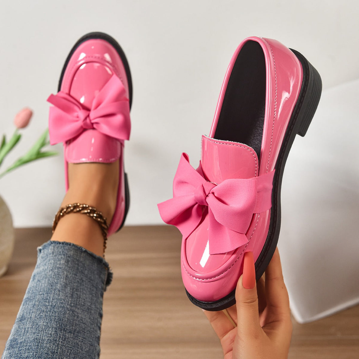 Women's Bow Loafers – Glossy Leather Platform Slip-Ons