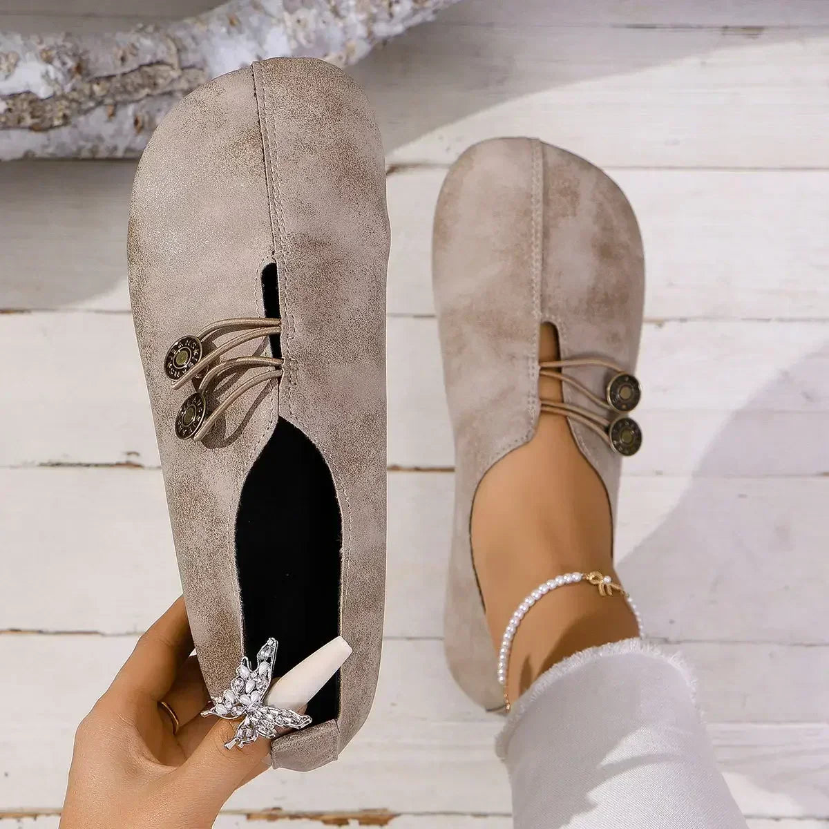 Women's Suede Loafers Soft Padded Insole Elastic Button Strap
