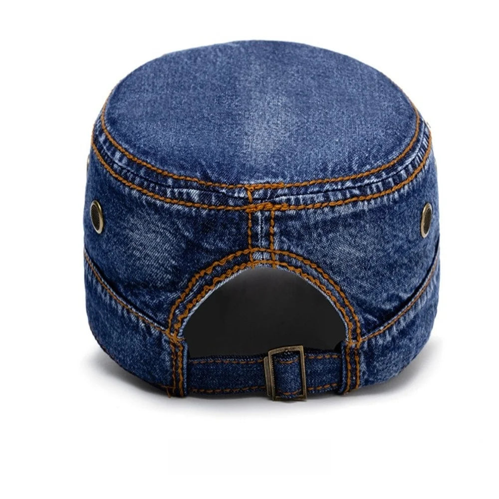 Unisex Denim Cadet Cap – Flat-Top Military Style Hat