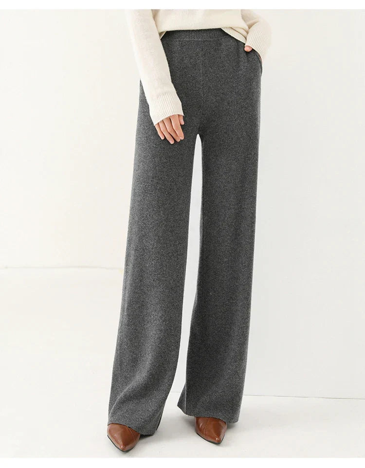 Women's Merino Wool Pants, High-Waisted Wide-Leg Knit
