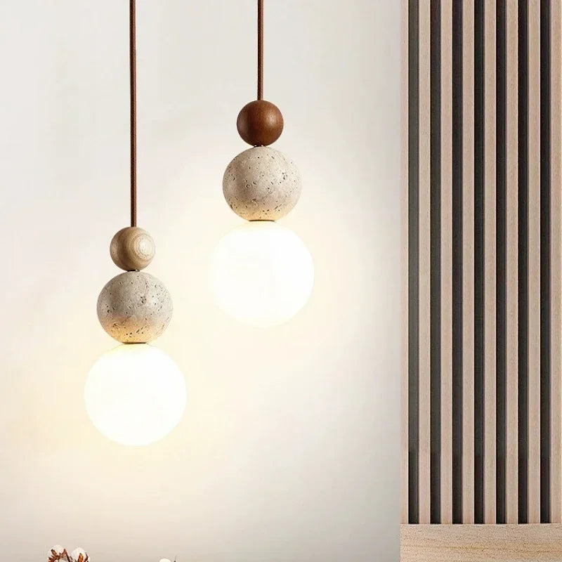 Spherical Pendant Lamp with Travertine and Wood Details