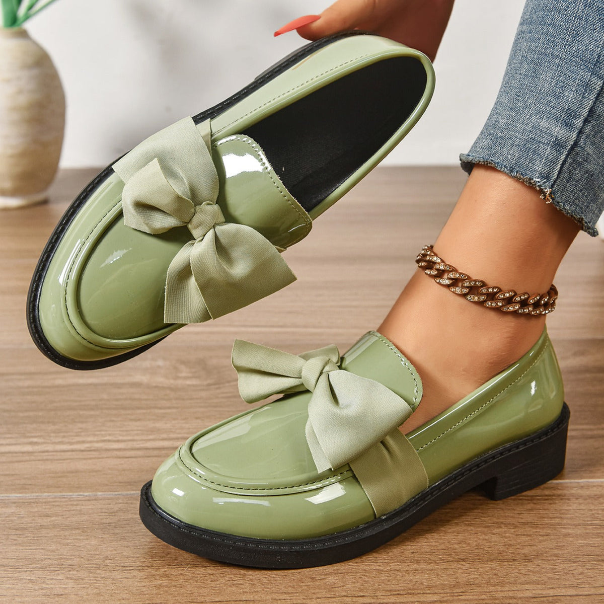 Women's Bow Loafers – Glossy Leather Platform Slip-Ons