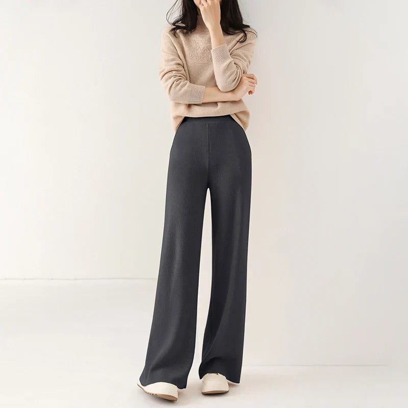 Women's Merino Wool Pants, High-Waisted Wide-Leg Knit
