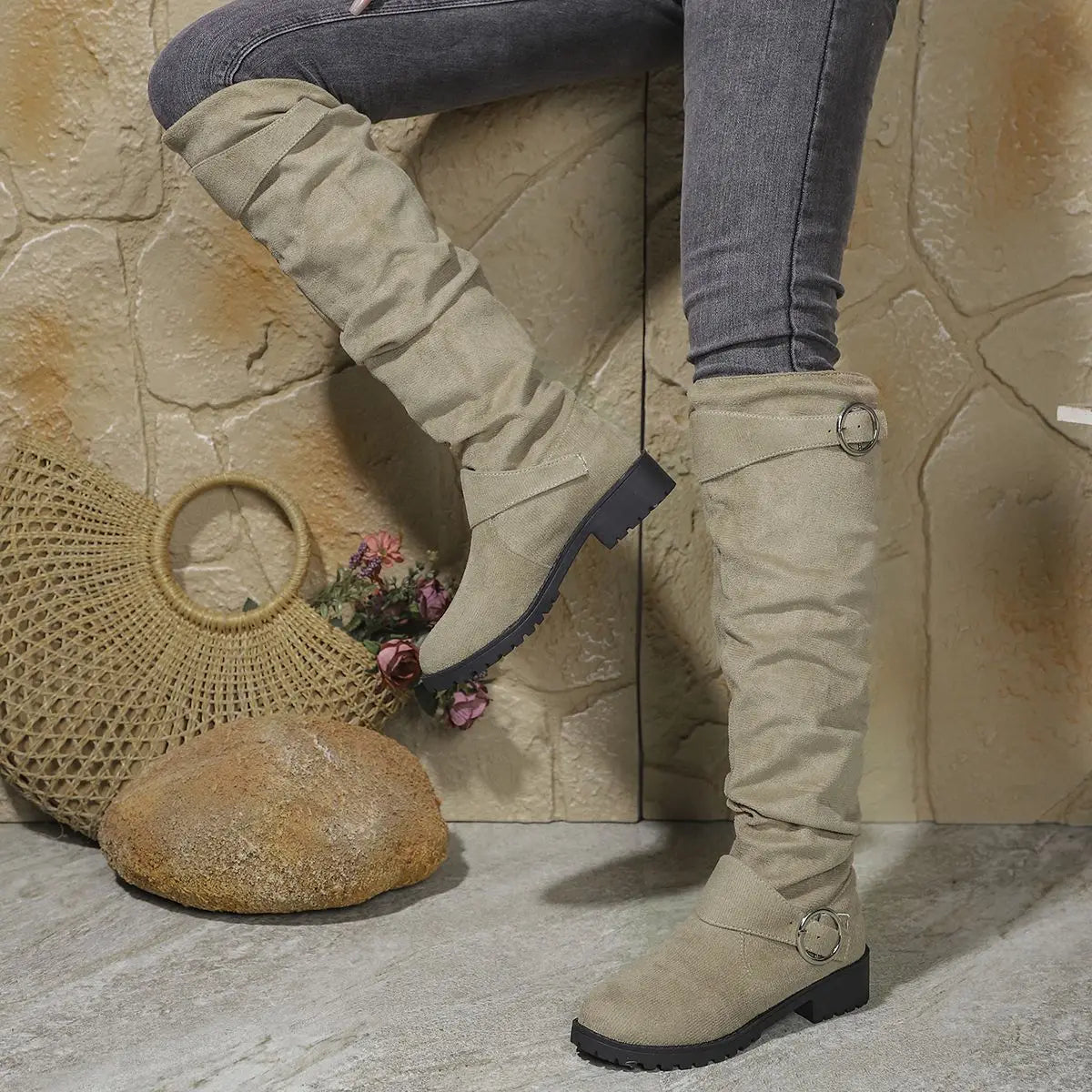 Knee High Boots for Women with Buckle Detail, Slouchy Fit