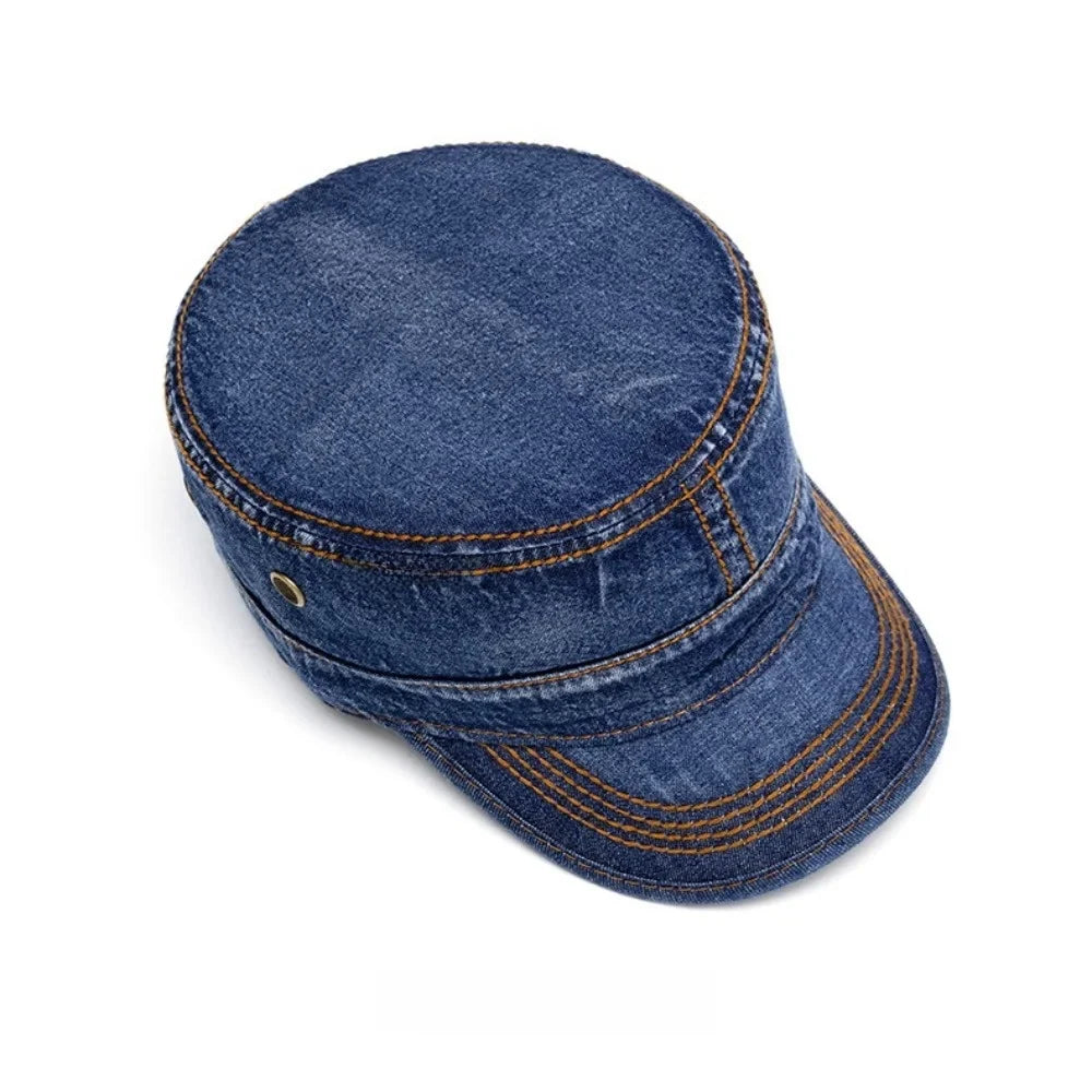 Unisex Denim Cadet Cap – Flat-Top Military Style Hat