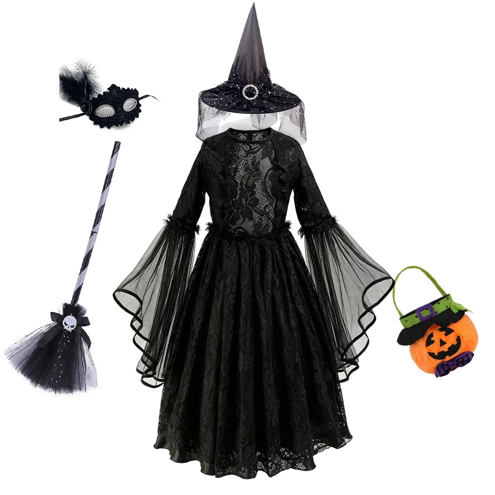 Black gothic lace dress deluxe set with hat, broom, mask, and pumpkin bag