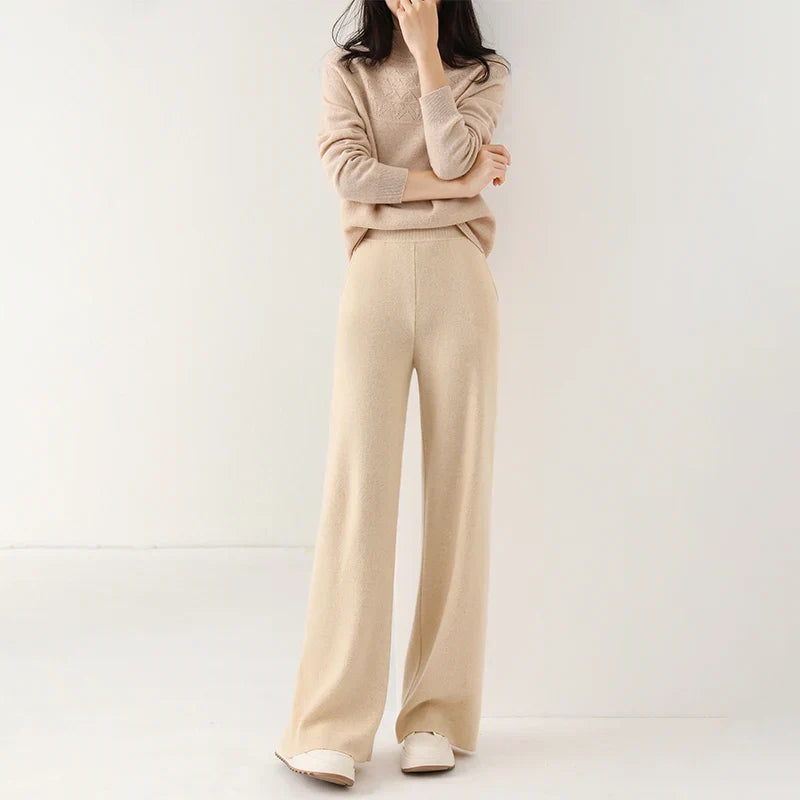 Women's Merino Wool Pants, High-Waisted Wide-Leg Knit