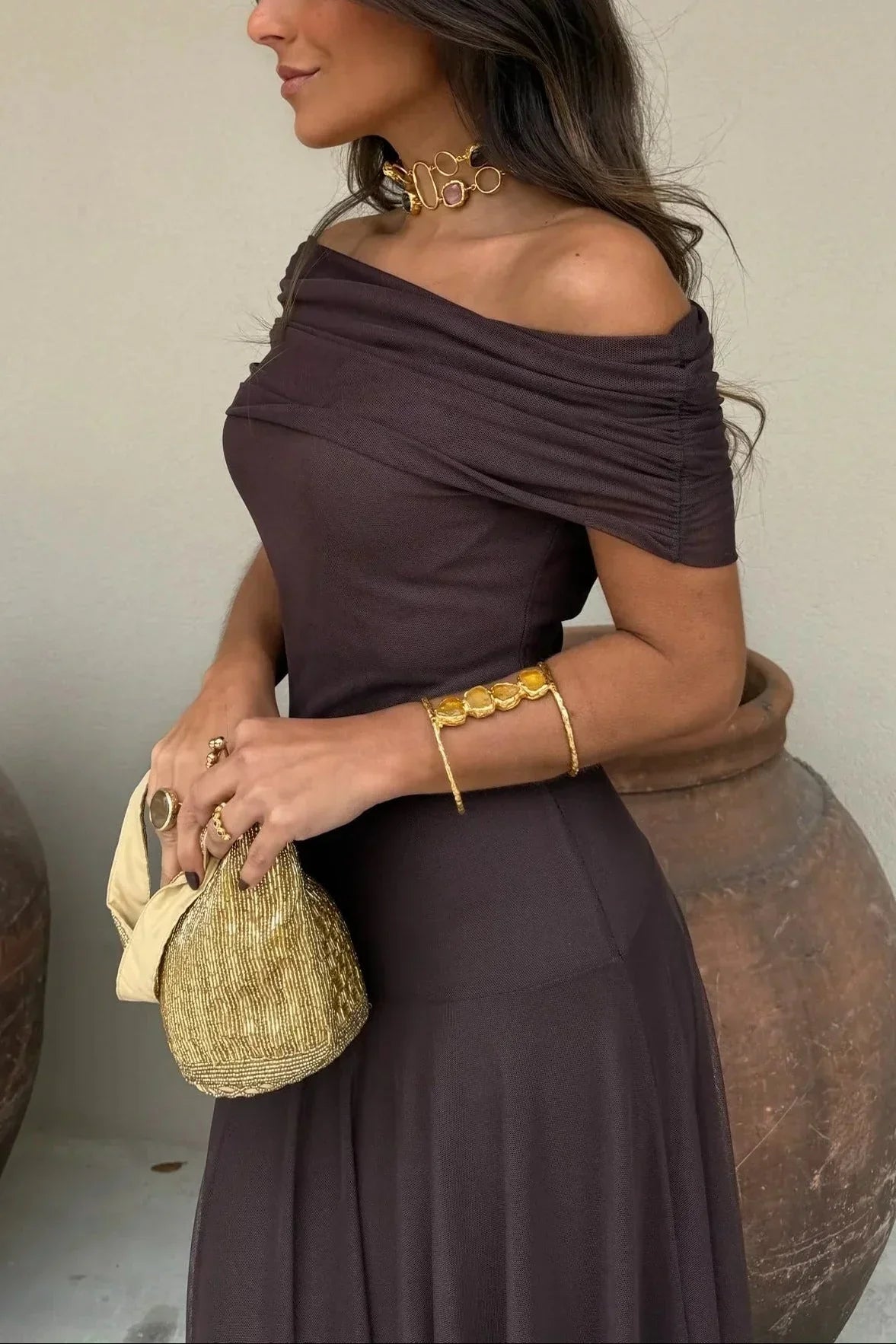Wedding Guest Dress - One-Shoulder Maxi Dress with Draped Fluid Fabric