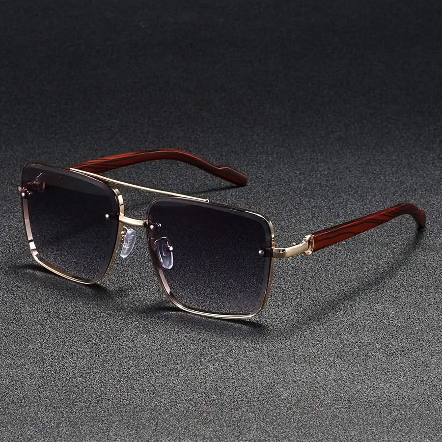 Square Metal Sunglasses with Wooden-Finish Arms