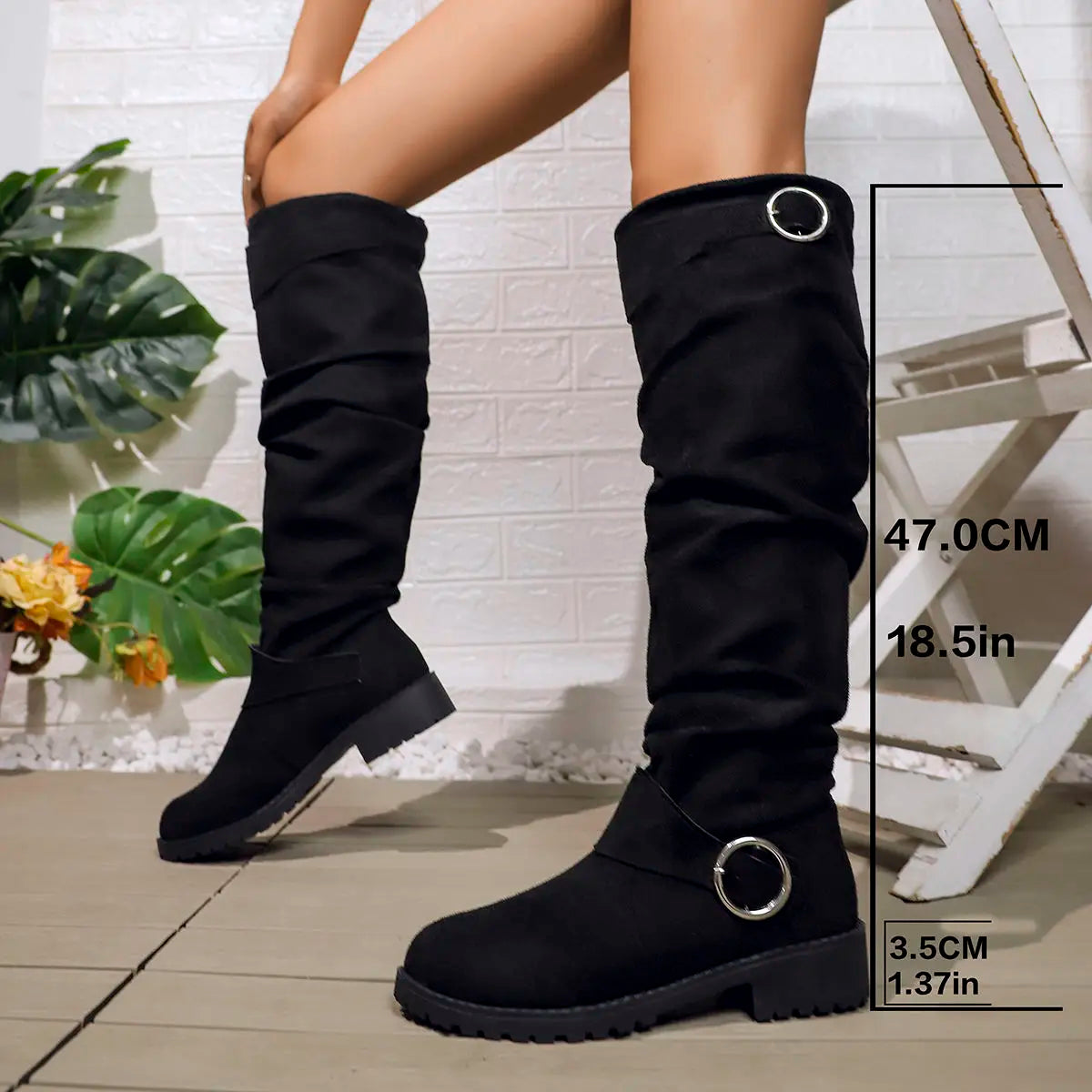 Knee High Boots for Women with Buckle Detail, Slouchy Fit