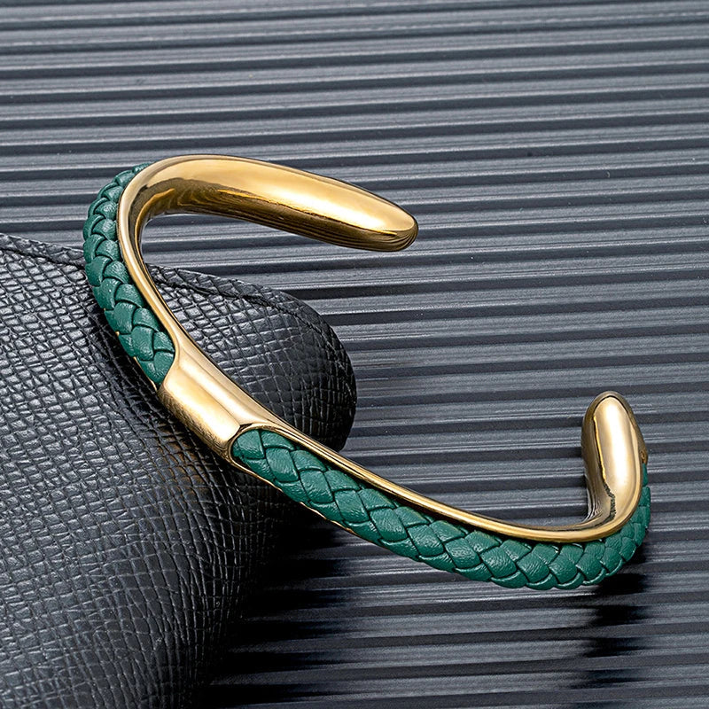 Men's Leather Cuff Bracelet - Stainless Steel and Braided Leather